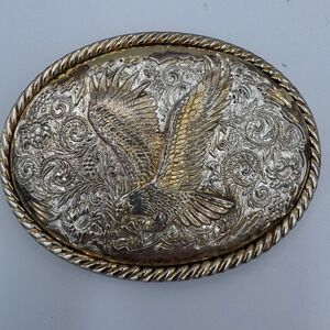 Ivan Western Eagle Belt Buckle Silver Gold Tone Floral Scrollwork Rope Border